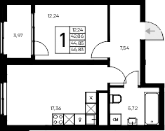 Планировка — Листория, 1-комн., 43 м²