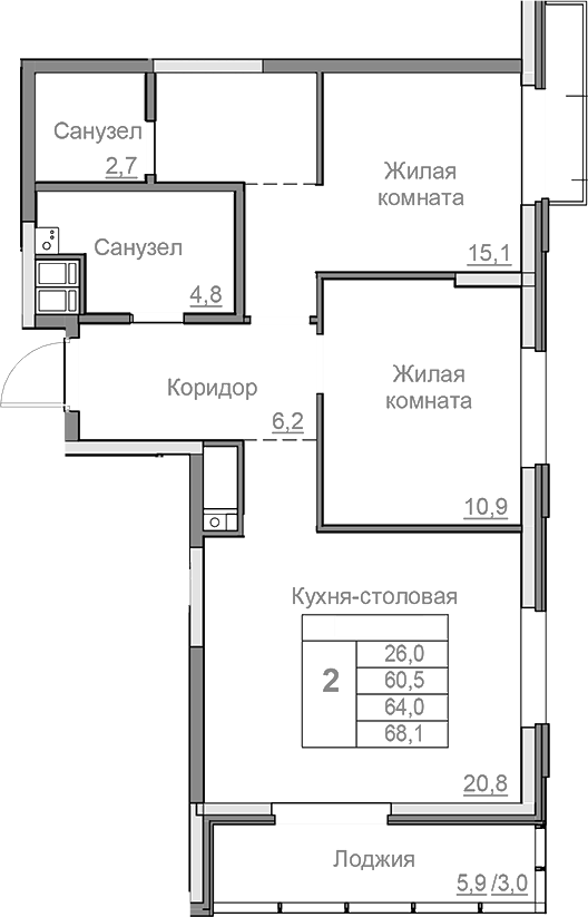 Планировка — Береговой, 3-комн., 61 м²