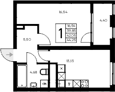 Планировка — Листория, 1-комн., 40 м²