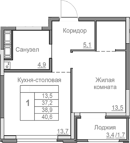 Планировка — Береговой, 2-комн., 37 м²