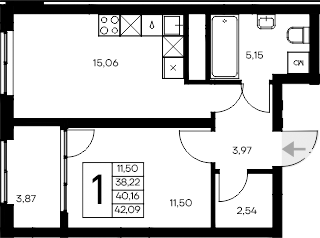 Планировка — Листория, 1-комн., 38 м²