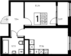 Планировка — Листория, 1-комн., 43 м²