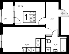 Планировка — Листория, 1-комн., 43 м²