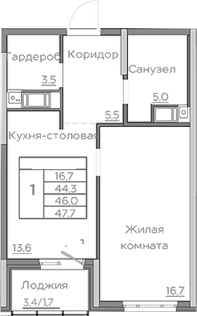 Планировка — Береговой, 1-комн., 44 м²