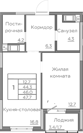 Планировка — Береговой, 2-комн., 44 м²