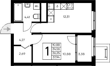 Планировка — Листория, 1-комн., 35 м²
