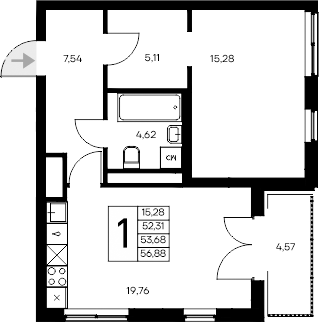 Планировка — Листория, 1-комн., 52 м²