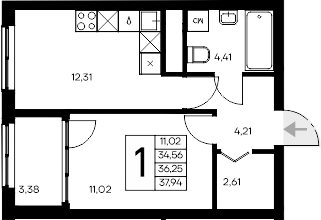 Планировка — Листория, 1-комн., 35 м²