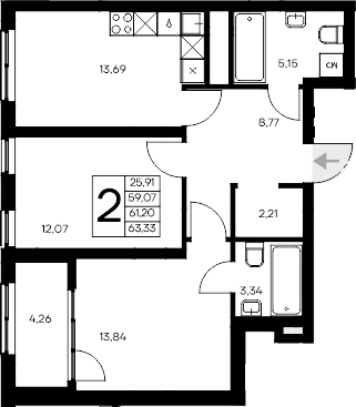 Планировка — Листория, 2-комн., 59 м²