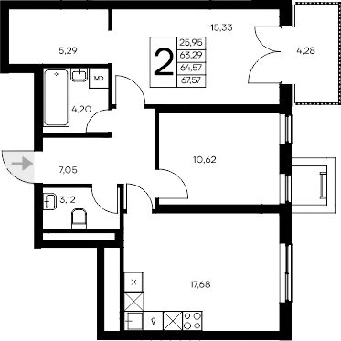 Планировка — Листория, 2-комн., 63 м²