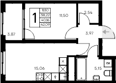 Планировка — Листория, 1-комн., 38 м²