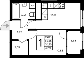 Планировка — Листория, 1-комн., 35 м²