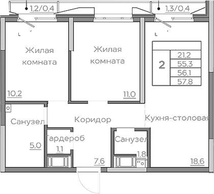 Планировка — Береговой, 3-комн., 55 м²