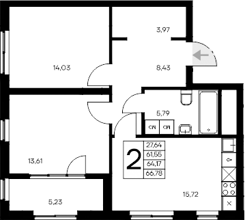 Планировка — Листория, 2-комн., 62 м²