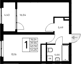 Планировка — Листория, 1-комн., 40 м²