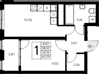 Планировка — Листория, 1-комн., 38 м²