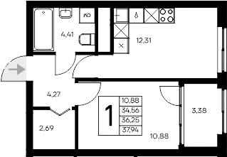 Планировка — Листория, 1-комн., 35 м²
