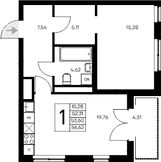 Планировка — Листория, 1-комн., 52 м²