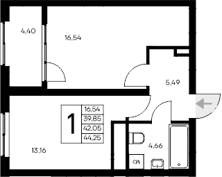 Планировка — Листория, 1-комн., 40 м²