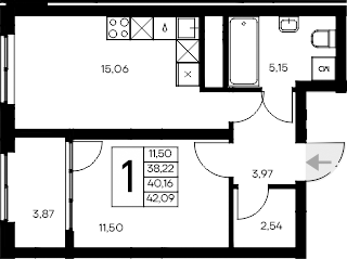 Планировка — Листория, 1-комн., 38 м²