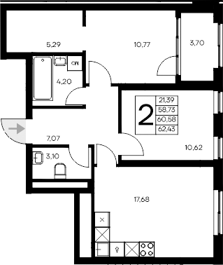 Планировка — Листория, 2-комн., 59 м²
