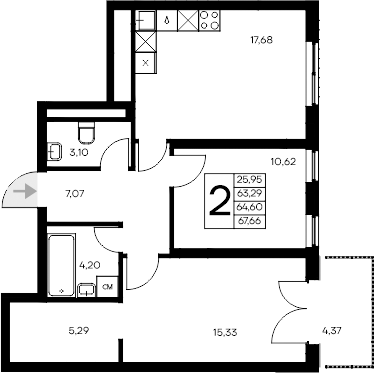 Планировка — Листория, 2-комн., 63 м²