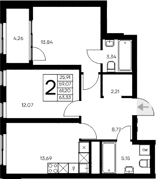 Планировка — Листория, 2-комн., 59 м²