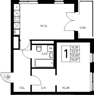 Планировка — Листория, 1-комн., 52 м²