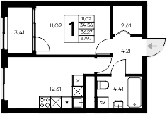 Планировка — Листория, 1-комн., 35 м²