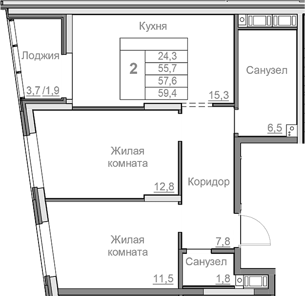 Планировка — Береговой, 3-комн., 56 м²