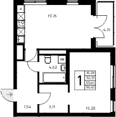 Планировка — Листория, 1-комн., 52 м²