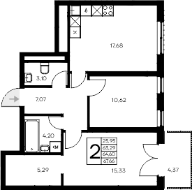 Планировка — Листория, 2-комн., 63 м²