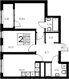 Планировка — Листория, 2-комн., 59 м²