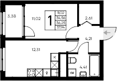 Планировка — Листория, 1-комн., 35 м²