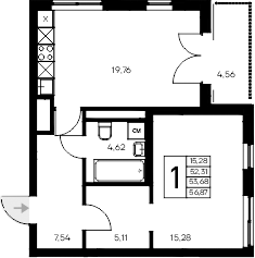 Планировка — Листория, 1-комн., 52 м²