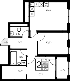 Планировка — Листория, 2-комн., 59 м²