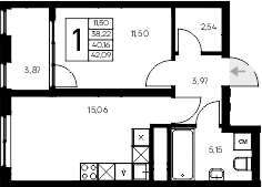 Планировка — Листория, 1-комн., 38 м²