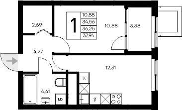 Планировка — Листория, 1-комн., 35 м²