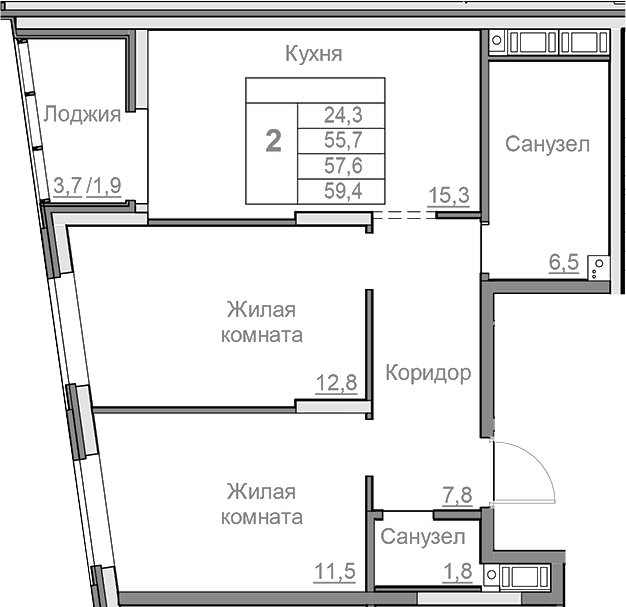 Планировка — Береговой, 3-комн., 56 м²