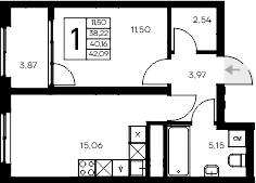 Планировка — Листория, 1-комн., 38 м²