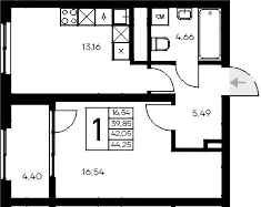 Планировка — Листория, 1-комн., 40 м²
