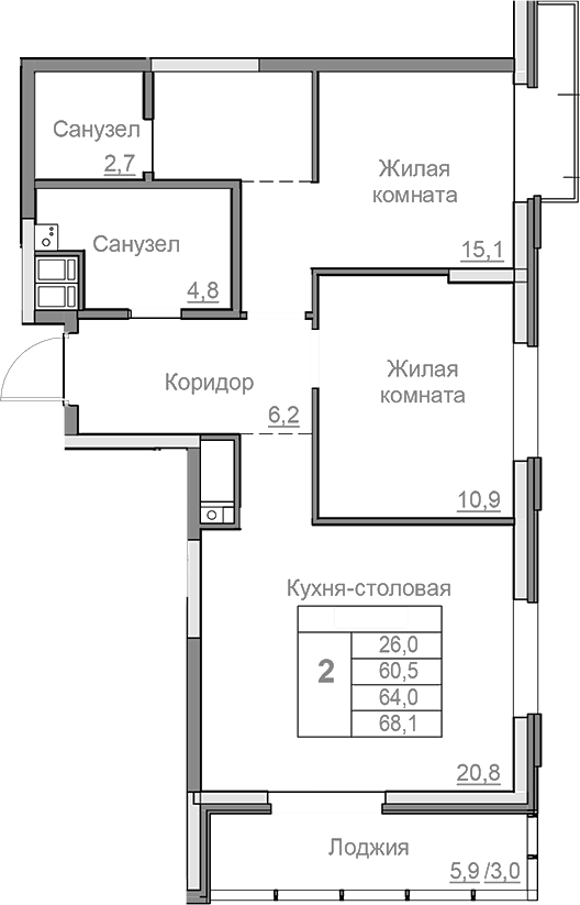 Планировка — Береговой, 3-комн., 61 м²