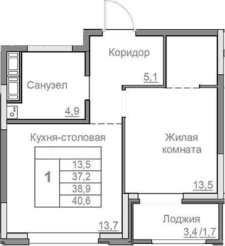 Планировка — Береговой, 2-комн., 37 м²