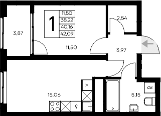 Планировка — Листория, 1-комн., 38 м²