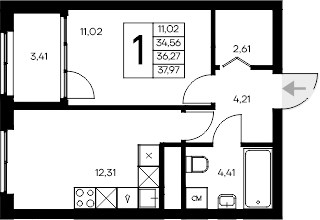 Планировка — Листория, 1-комн., 35 м²