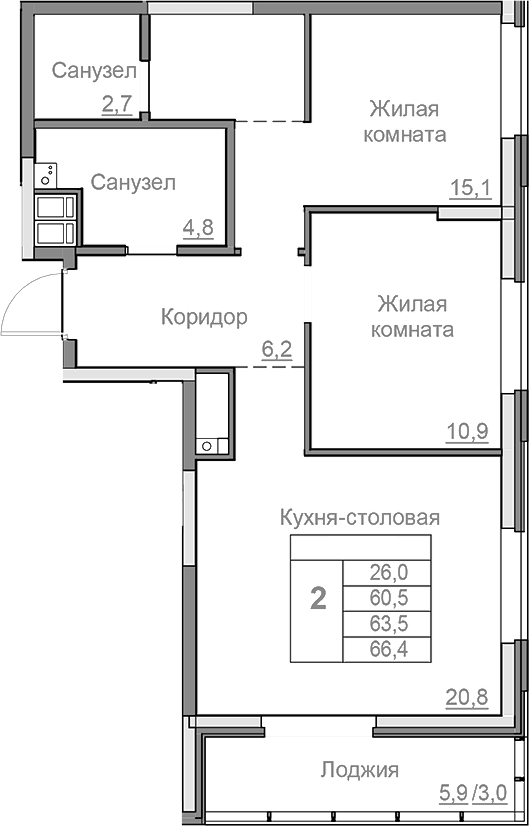 Планировка — Береговой, 3-комн., 61 м²