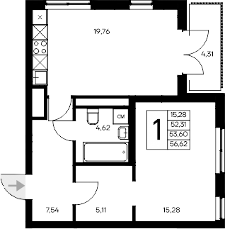 Планировка — Листория, 1-комн., 52 м²