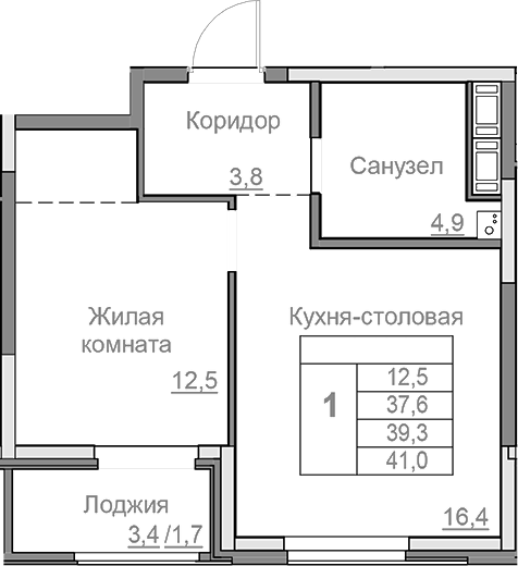 Планировка — Береговой, 2-комн., 38 м²