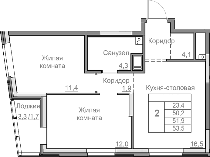 Планировка — Береговой, 3-комн., 50 м²
