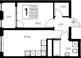 Планировка — Листория, 1-комн., 38 м²